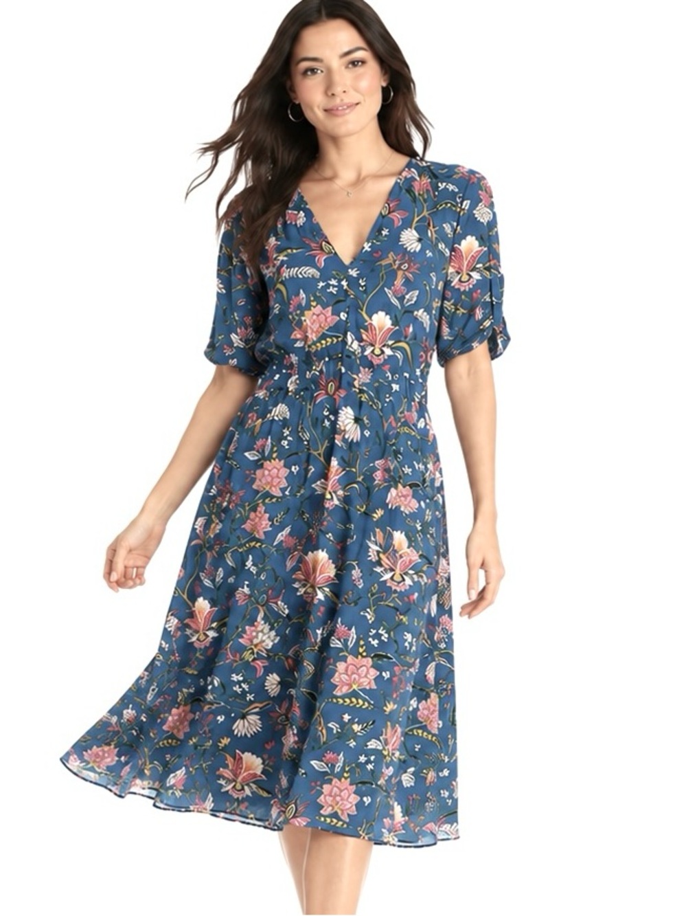 Tucker Alice Garden S 100% Silk Floral Midi Dress Blue Botanical Boho Romantic